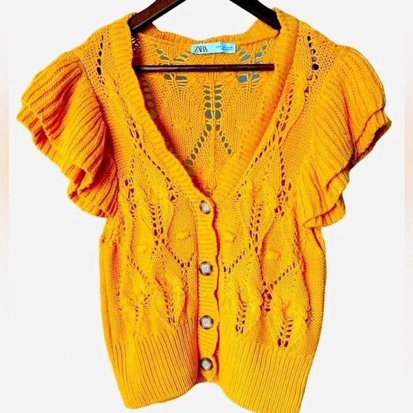 ZARA | Bloggers Fav Orange Knit Ruffled Sleeves Buttoned Short Cardigan Size M - Picture 13 of 15